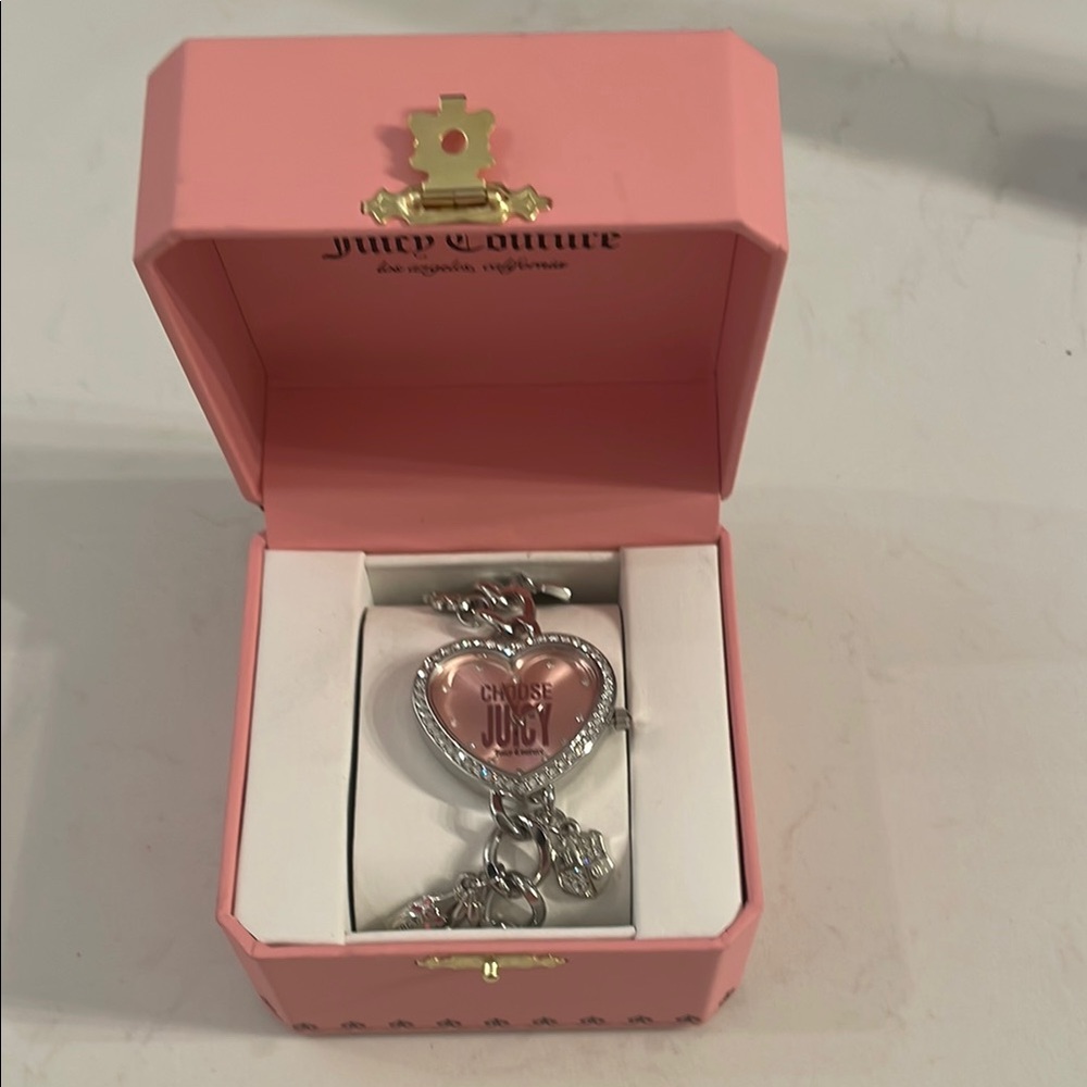 Juicy Couture Silver and Pink Heart Bracelet in Gift Box
